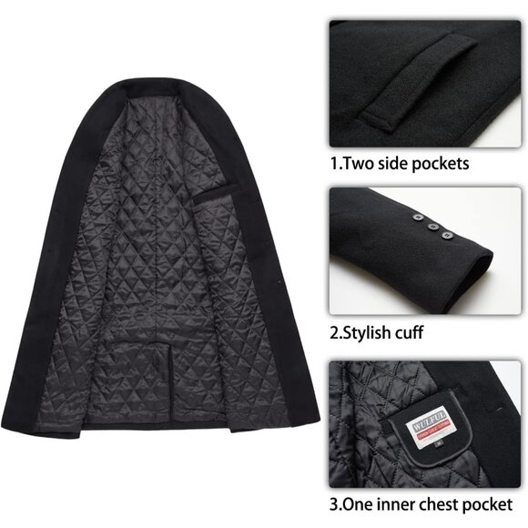 🆕 Men Black Wool Trench Coat Slim Fit Winter Durable Soft Breasted Two Buttons - Picture 5 of 6